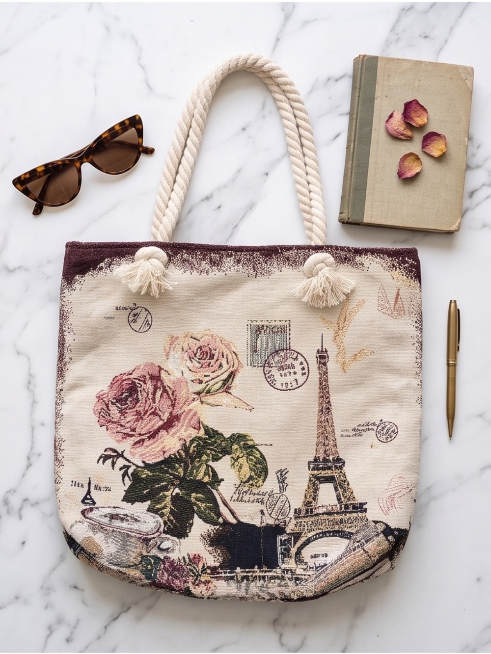 Paris Eiffel Tower Floral Tapestry Tote Bag Rope Handles Large Vintage Style